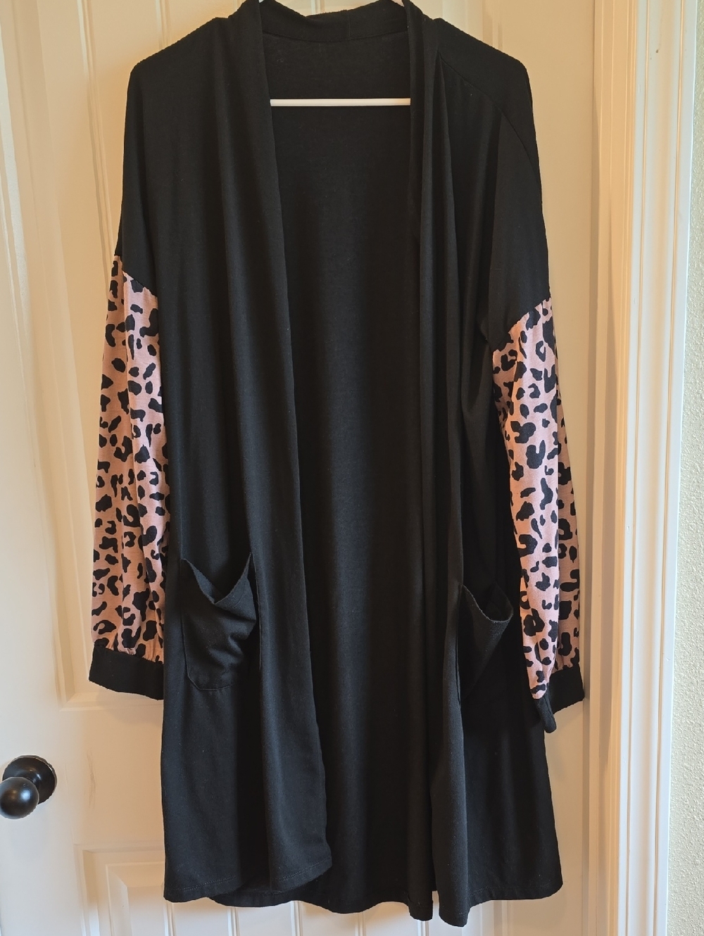 Black Open Front Cardigan with Tan Leopard Sleeves